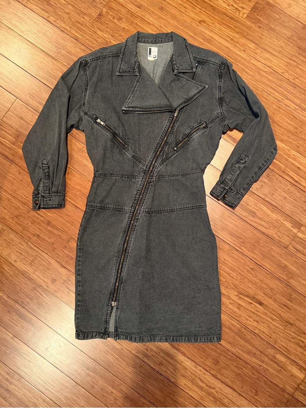 80’s Hype Charcoal Black Acid-Washed Denim Moto Dress with Asymmetrical Zipper
